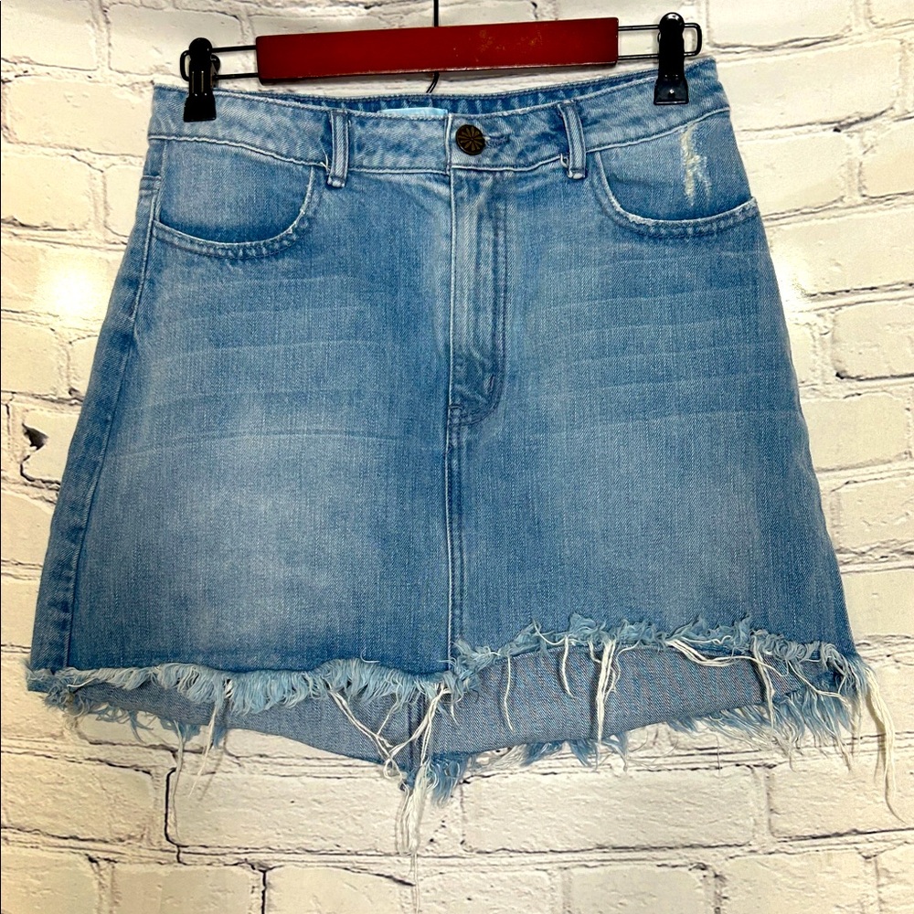 Show Me Your Mumu Blue Distressed Frayed Hem Blue Jean Skirt Size 28